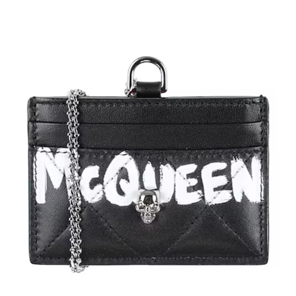 Alexander McQueen Black Leather Graffiti Card Holder with Silver Skull Chain
